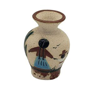 Vtg Pottery Vase 3" Hand Painted Mother Child Southwestern Design Signed Maya